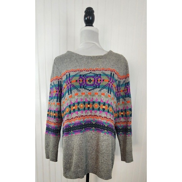 Chaps Fair Isle Sweater XL Cotton Blend Vintage Gray Crew Neck Womens Size 1X - Picture 2 of 15